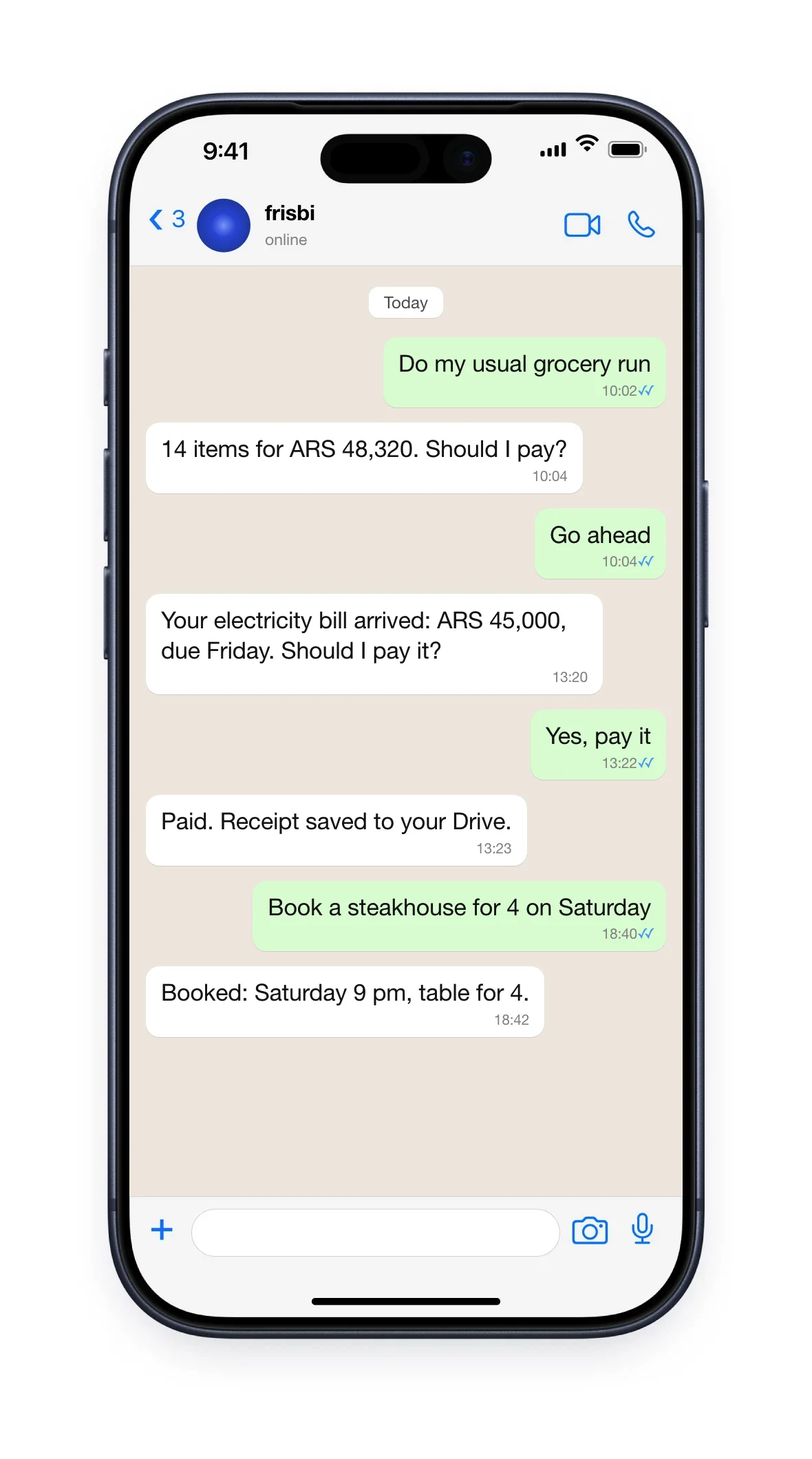 WhatsApp chat with frisbi: it does the grocery run, pays the electricity bill and books a steakhouse.